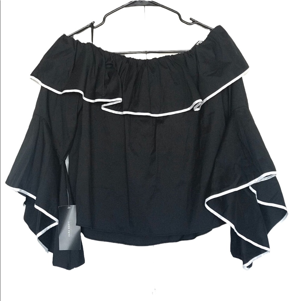 Zara Off the Shoulder Black White Ruffle Trim Bell Sleeve L